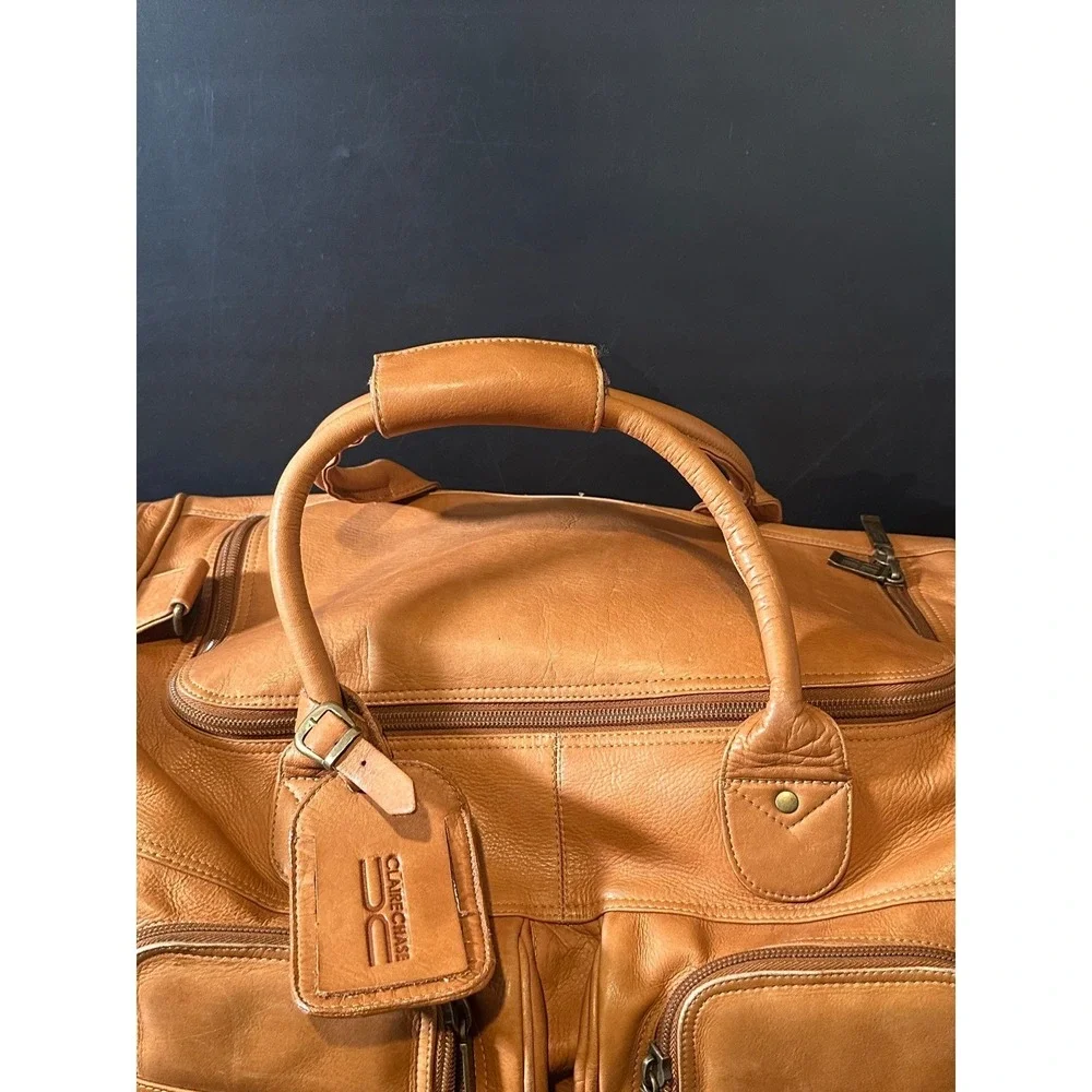 Claire Chase Leather Duffel Bag Saddle Tan Weekender Travel Luggage 32 Inch